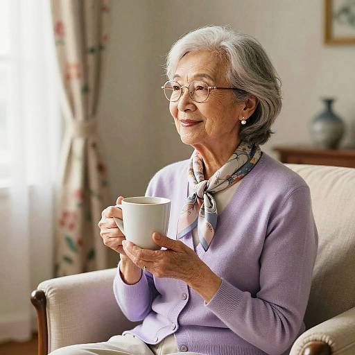 Photograph of an elderly woman with gray hair, glasses, wearing a purple cardigan and floral scarf, holding a white mug, sitting in a sun