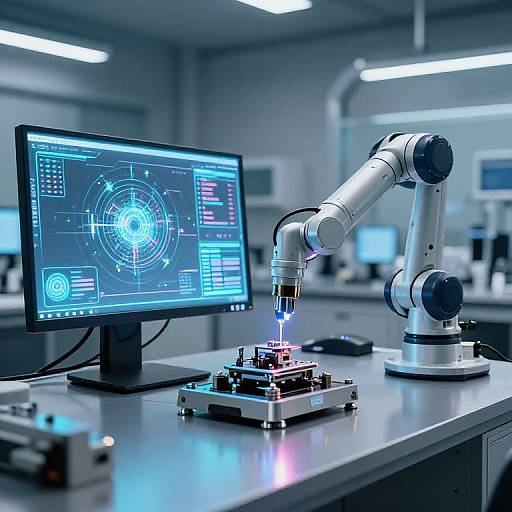 Photograph of a high-tech laboratory: blue-lit microscope over a circuit board, connected to a glowing computer screen displaying digital schematics, in a