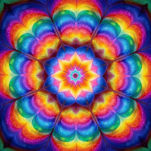 Vibrant digital artwork featuring a symmetrical, colorful, floral pattern with glowing red, orange, yellow, green, blue, and purple petals against