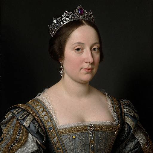 Photograph of a fair-skinned, brown-haired queen wearing an ornate silver crown, elaborate dark blue gown with gold embroidery, and matching earrings,