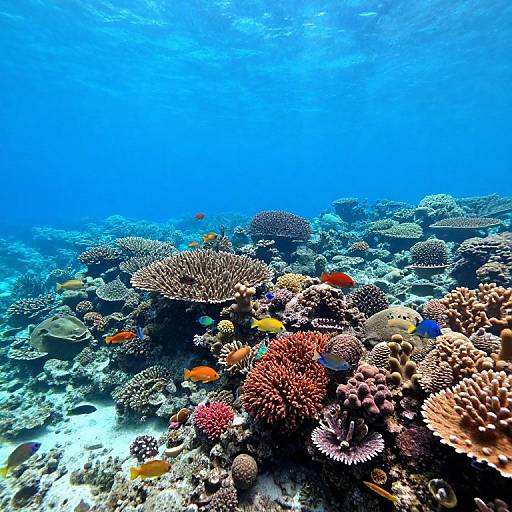 Vibrant underwater photograph of a coral reef with colorful fish, orange, yellow, and blue, surrounded by various coral species in clear, blue ocean