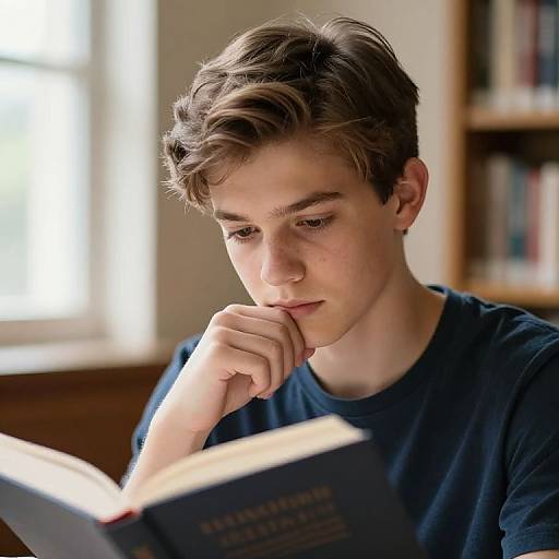 Thoughtful Teen Reading in Cozy Library