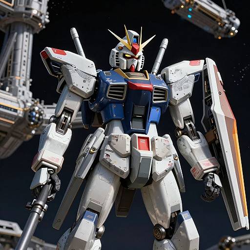 Photorealistic CGI of a giant, white, blue, and red mecha robot with red eyes, holding a large shield, in a sci-fi