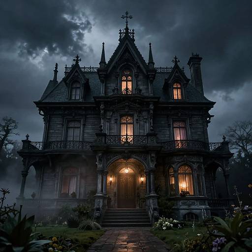 Gothic-style, dark, ominous, two-story mansion with eerie glowing windows, intricate ironwork, and foggy, stormy night sky in a