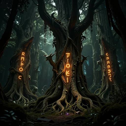 Dark, eerie forest illustration with twisted, gnarled trees displaying glowing orange letters 