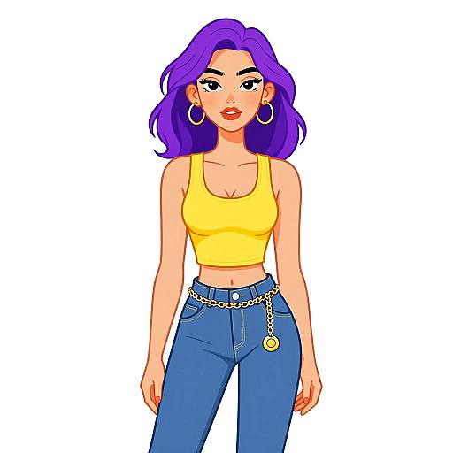 Digital illustration of a confident woman with purple hair, wearing a yellow crop top, blue jeans, hoop earrings, and a chain belt.