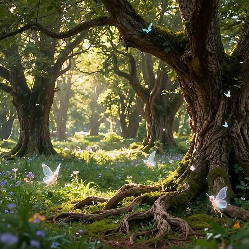 Enchanted forest photograph with sunlit trees, glowing blue and white butterflies, lush greenery, and vibrant wildflowers, creating a magical, eth