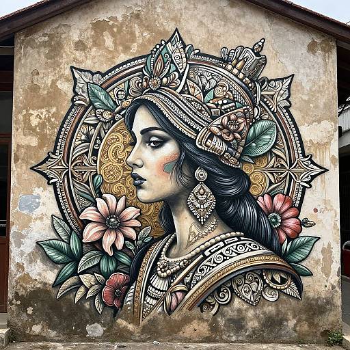 Detailed, black-and-white tattoo-style mural of a woman with intricate floral headpiece and jewelry, surrounded by colorful flowers, on a weathered wall.