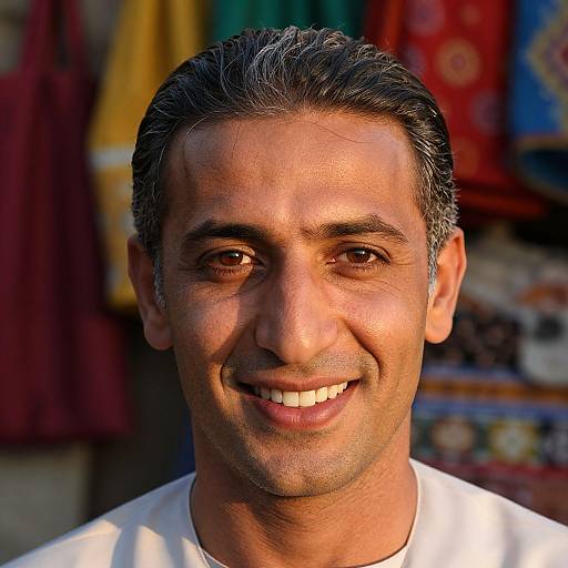 Photograph of a smiling middle-aged man with dark brown eyes, short gray-black hair, medium skin tone, wearing a white shirt, standing in front