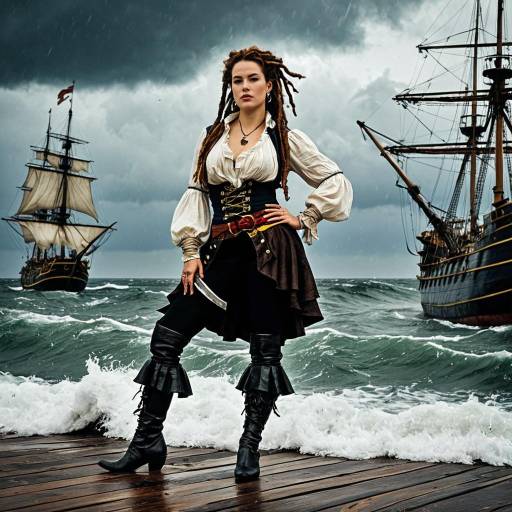 Female Pirate in Stormy Sea with Tall Ships