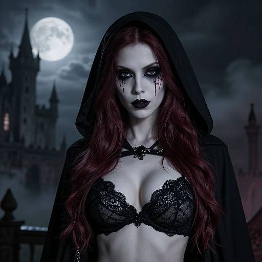 Digital artwork of a pale, gothic woman with long red hair, black lace bra, and veil, under a full moon, in front of a