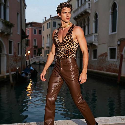 Photograph of a muscular man with curly brown hair, wearing a leopard print tank top and brown leather pants, standing confidently on a canal in Venice at