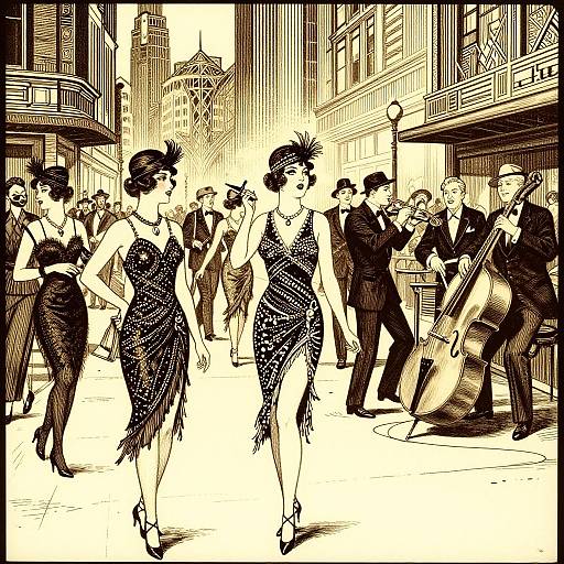 Vintage black-and-white illustration of stylish women in sequined dresses and men in suits dancing and playing jazz music in an urban street.