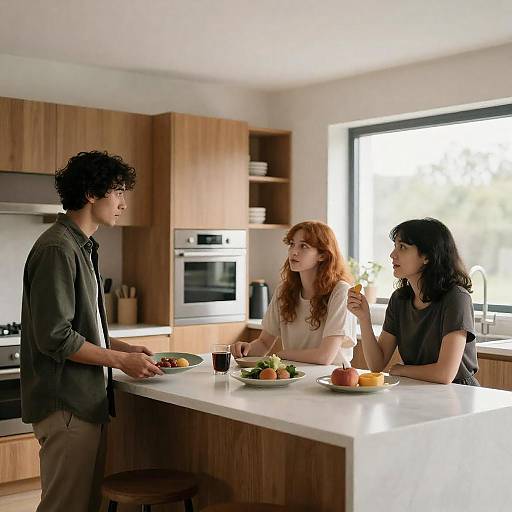 Modern Kitchen Scene with Three People