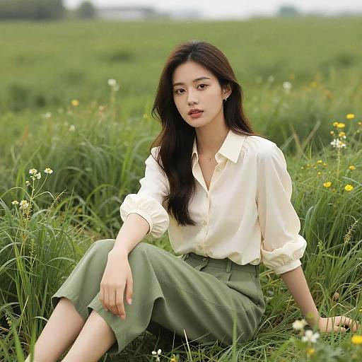 Photograph of an Asian woman with long dark hair, wearing a white blouse and green skirt, sitting in a lush, grassy field with wildflowers