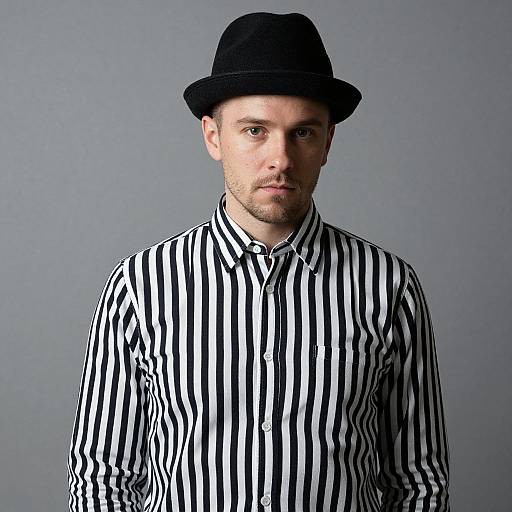Photograph of a serious-looking man with light skin, short beard, wearing a black striped shirt and black bowler hat, against a plain gray background