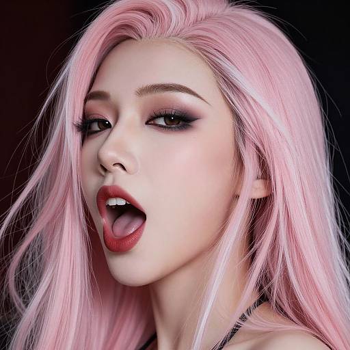 Digital portrait of a pale-skinned woman with long pink hair, red lipstick, black eyeliner, and open mouth against a black background.
