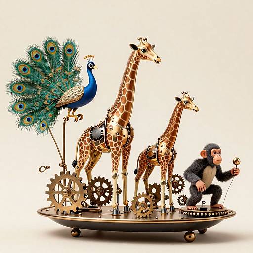 Digital illustration of a peacock, two giraffes, and a monkey on a gear-filled circular platform, with vibrant colors and whimsical style.