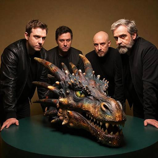 Men Examining a Realistic Dragon Head
