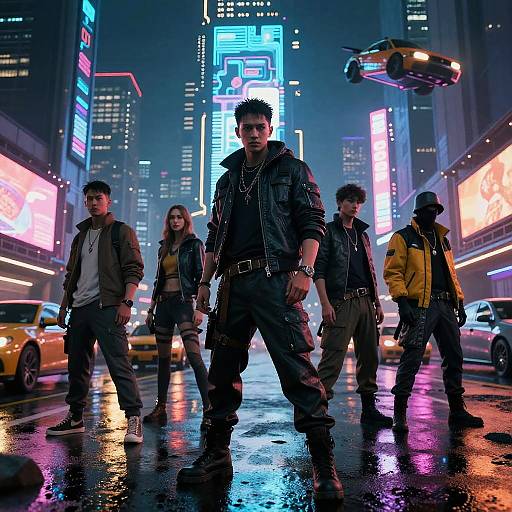 Cyberpunk night scene: five edgy urban characters in dark leather jackets and jeans, standing confidently on a rain-soaked city street, surrounded by
