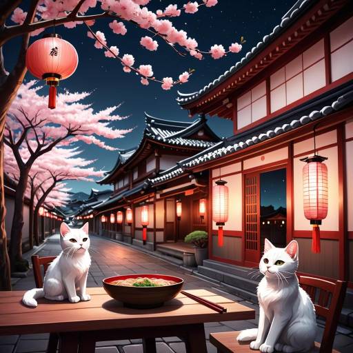 Serene Japanese Street with Cats and Lanterns