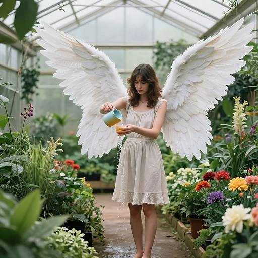Photograph of a young woman with large white wings, wearing a white dress, watering plants in a vibrant greenhouse.