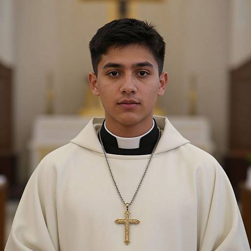 Photograph of a young Latino male priest with short black hair, wearing a white cassock and gold cross necklace, standing in a blurred, softly lit