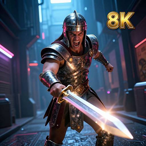 Digital art of a fierce, armored warrior with glowing sword, shouting in a neon-lit alley at night, 