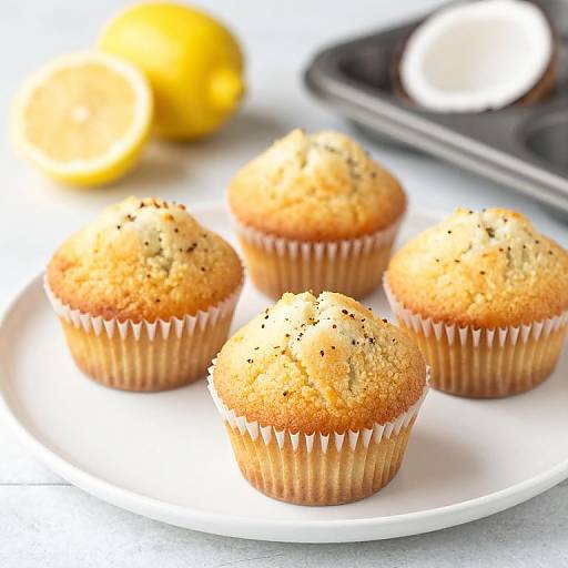 Photograph of four golden-brown muffins with sesame seeds, in white paper liners, on a white plate, with lemons and a silver tray
