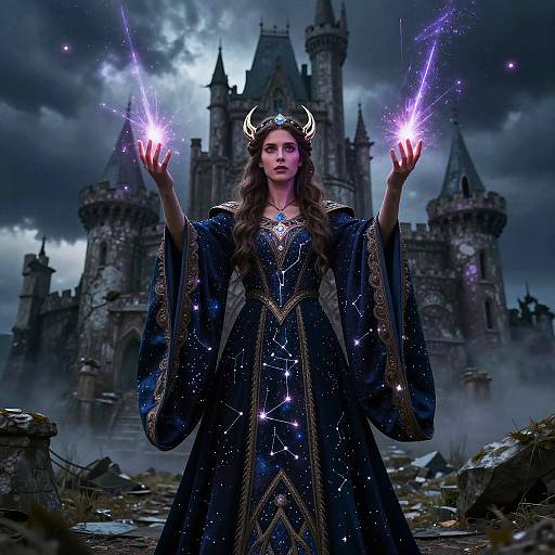 Magical sorceress in a starry black gown, holding glowing purple wands, stands before a dark, stormy castle, with intricate horns
