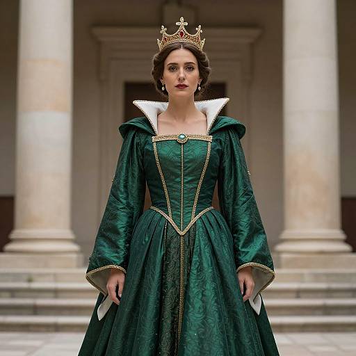 Photograph of a fair-skinned woman with dark curly hair, wearing a green Renaissance-style gown, gold crown, white collar, and standing in front