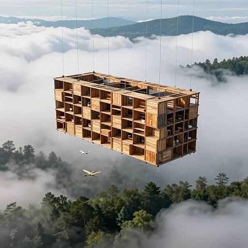 Floating Wooden Structure Above Forest