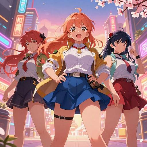 Digital anime drawing of three cute, busty girls in school uniforms and jackets, standing confidently in a vibrant, neon-lit city street with cherry blossoms
