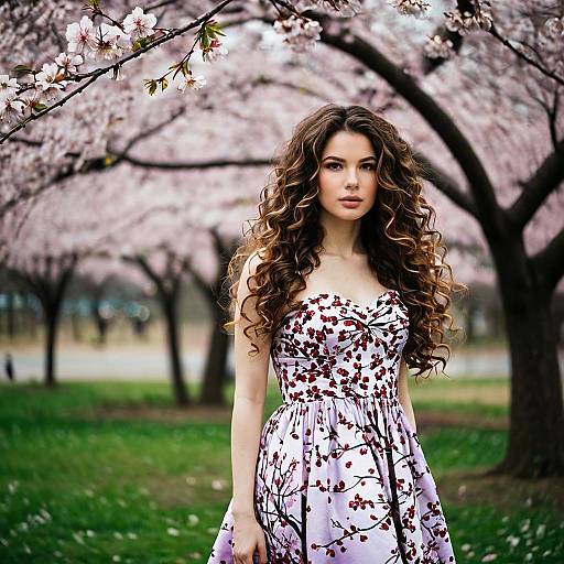 Woman in Floral Dress Under Cherry Blossoms
