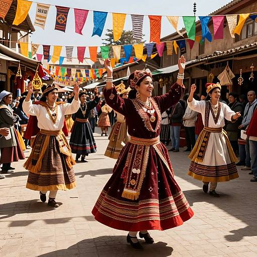 Photograph of traditional dance performance in a vibrant, sunlit village street with colorful bunting, dressed women in ornate, patterned costumes raising arms