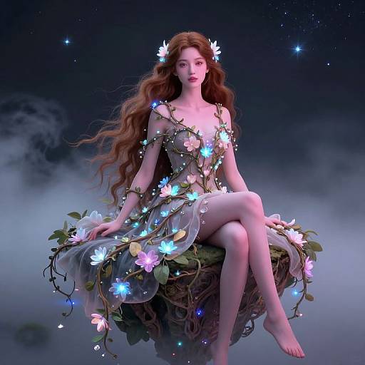 Digital art of a fair-skinned, long-haired fairy with glowing flowers, seated on a floral throne, against a starry, misty night sky
