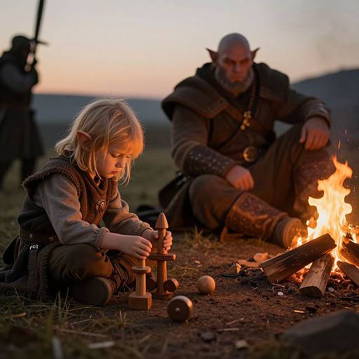 Photograph of a blonde, elf-like child playing with wooden toys by a campfire, while a muscular, armored orc sits nearby. Twilight sky in