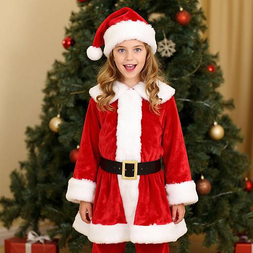 Photograph of a young girl with blonde hair, wearing a red Santa dress with white trim, black belt, and Santa hat, standing in front of