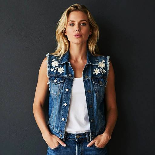 Photograph of a blonde woman with wavy hair, wearing a blue denim sleeveless vest with white flower embroidery, white tank top, and blue jeans