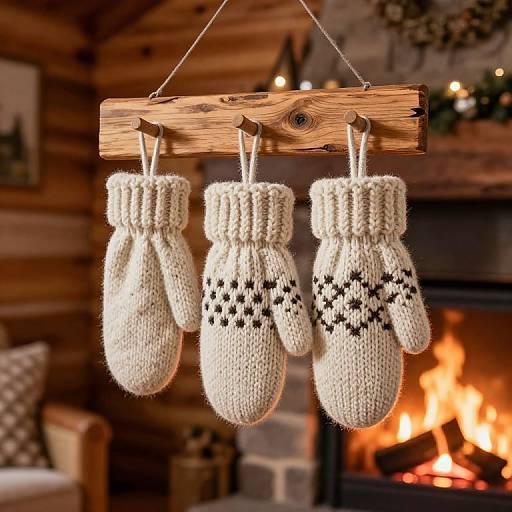 Photograph of three white knitted mittens with black patterns, hanging from a wooden clothespin above a cozy, lit fireplace in a rustic log cabin