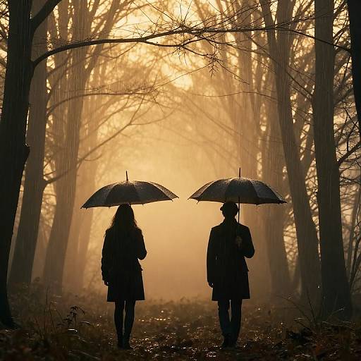 Silhouetted couple holding umbrellas, walking through a misty, sunlit forest with tall, bare trees, creating a serene, romantic atmosphere