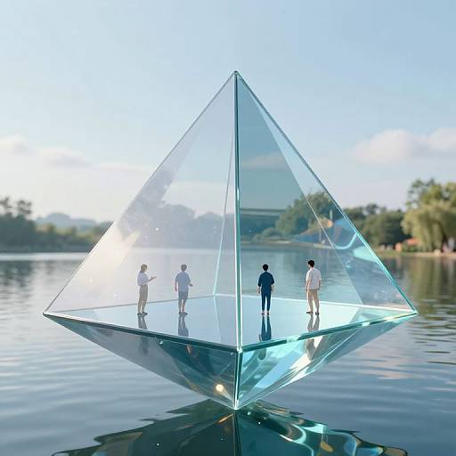 Photorealistic CGI of three people inside a transparent, floating glass pyramid on a serene lake with a clear blue sky.