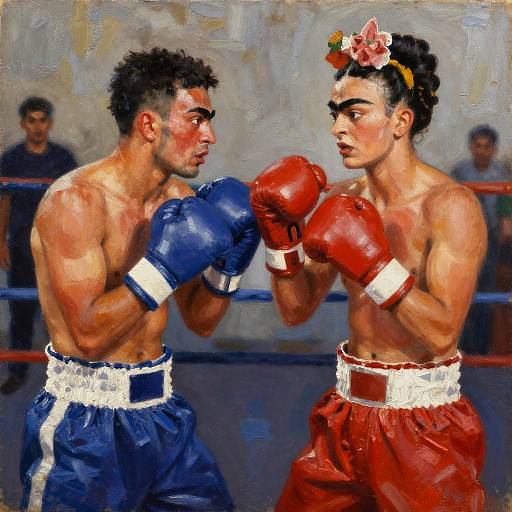 Oil painting of two muscular, shirtless boxers in blue and red trunks, facing off in a ring, wearing gloves, with flowers in her