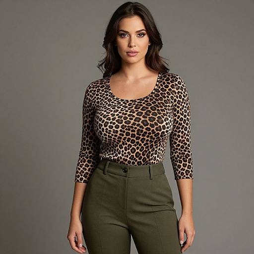 Photograph of a confident woman with wavy dark hair, wearing a leopard-print long-sleeve top and high-waisted olive green pants,