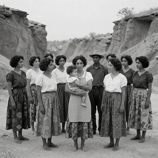 Women in Patterned Skirts in Desert Scene