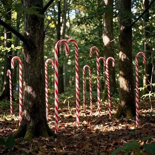 Photograph of a forest with sunlight filtering through trees, illuminating numerous red and white striped candy canes standing upright on the forest floor.