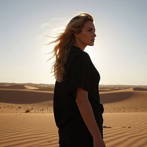 Silhouetted blonde woman with long hair in black shirt stands in sunlit desert, with rippled sand dunes in background. Photograph.