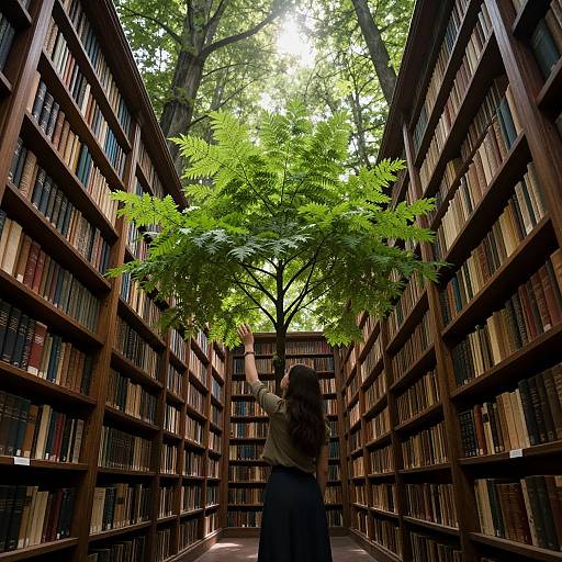 Photograph of a library aisle with tall wooden bookshelves, a small green tree in the center, and a woman with long brown hair standing with