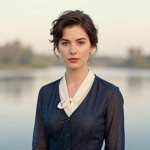 Photograph of a fair-skinned woman with dark, wavy hair in an updo, wearing a black cardigan over a white blouse with a