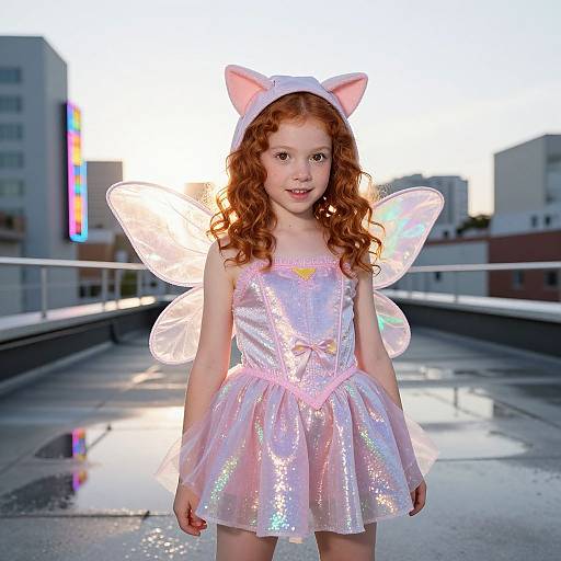 Photograph of a young girl with curly red hair, wearing a sparkly pink cat-ear headband, fairy wings, and a glittery dress
